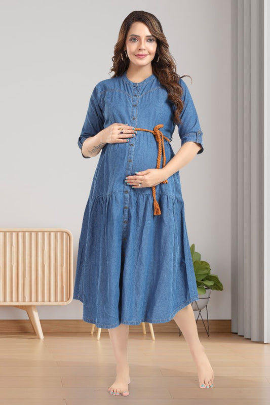 Mid Blue Denim Midi Maternity Dress