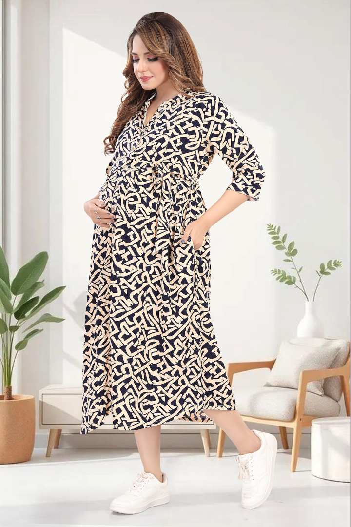 Beige Black Printed Maternity Dress