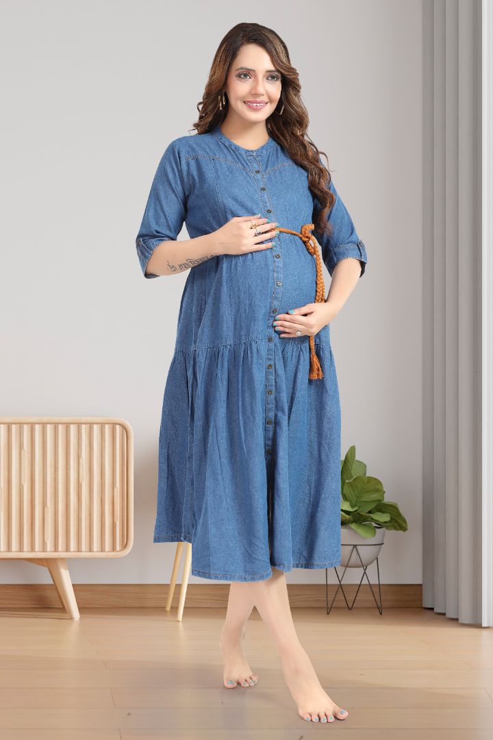 Mid Blue Denim Midi Maternity Dress