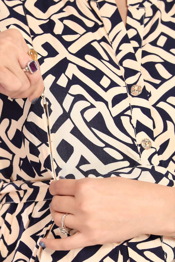 Beige Black Printed Maternity Dress