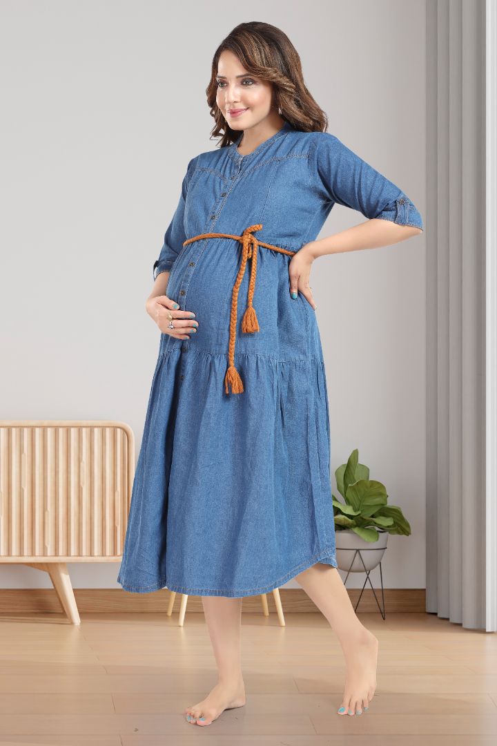 Mid Blue Denim Midi Maternity Dress