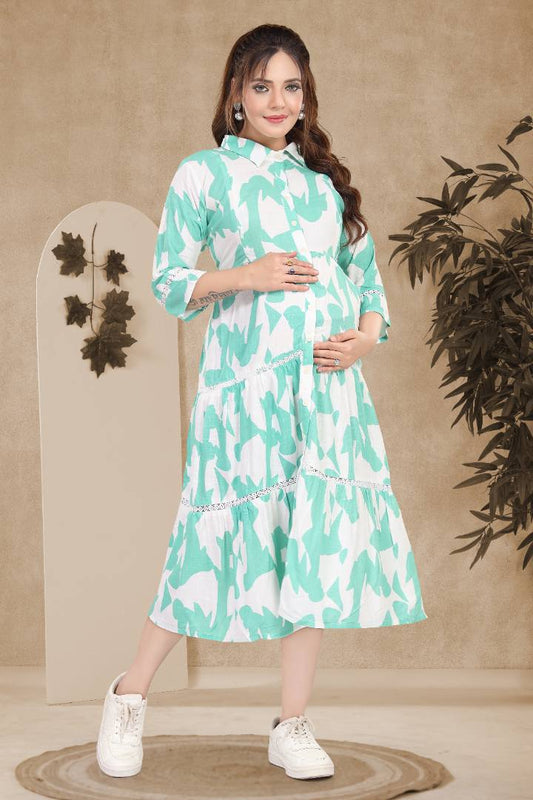 Turquoise Blue Linen Maternity Dress