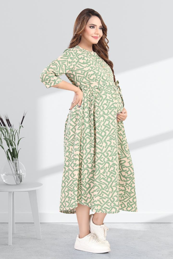 Betel Green Printed Maternity Dress