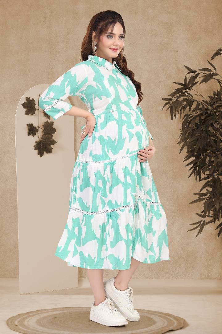 Turquoise Blue Linen Maternity Dress