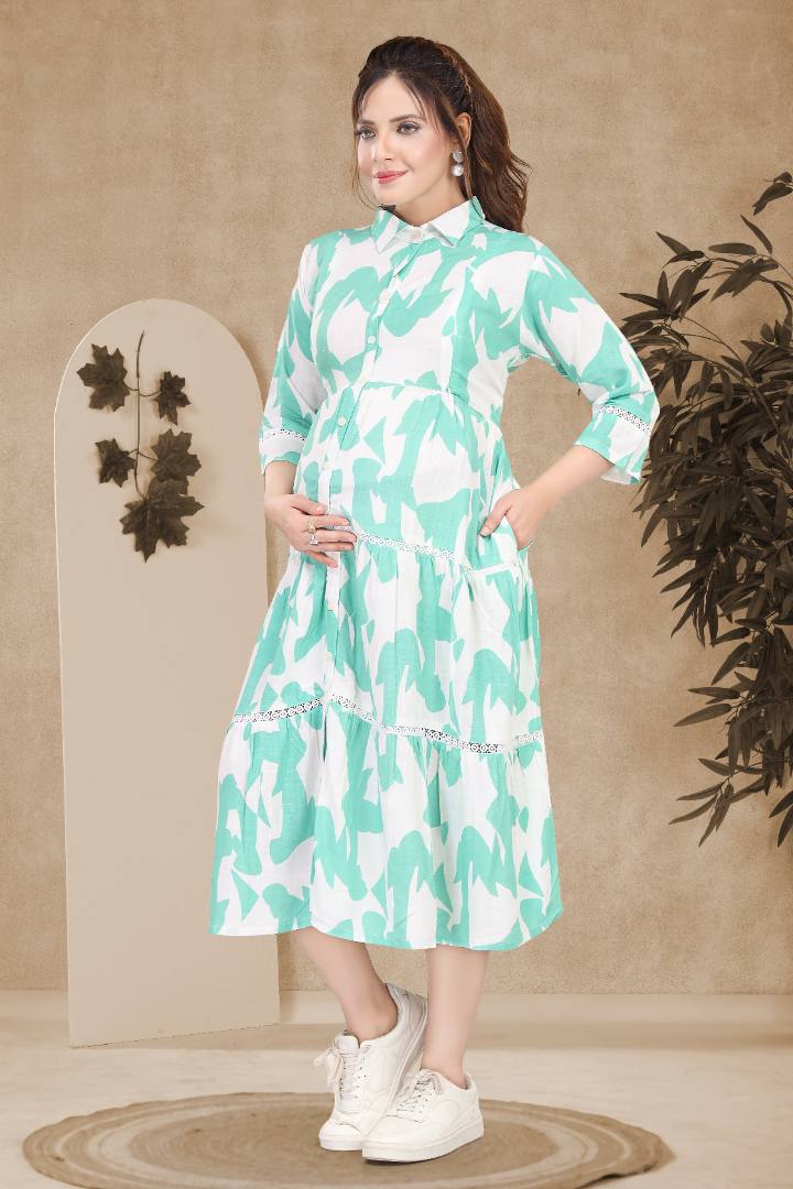 Turquoise Blue Linen Maternity Dress