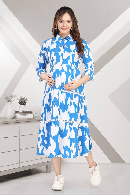 Sharp Blue Linen Maternity Dress