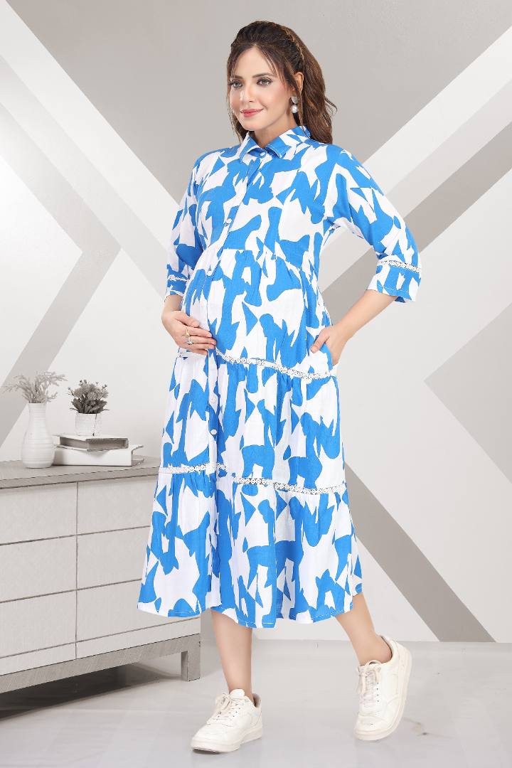 Sharp Blue Linen Maternity Dress