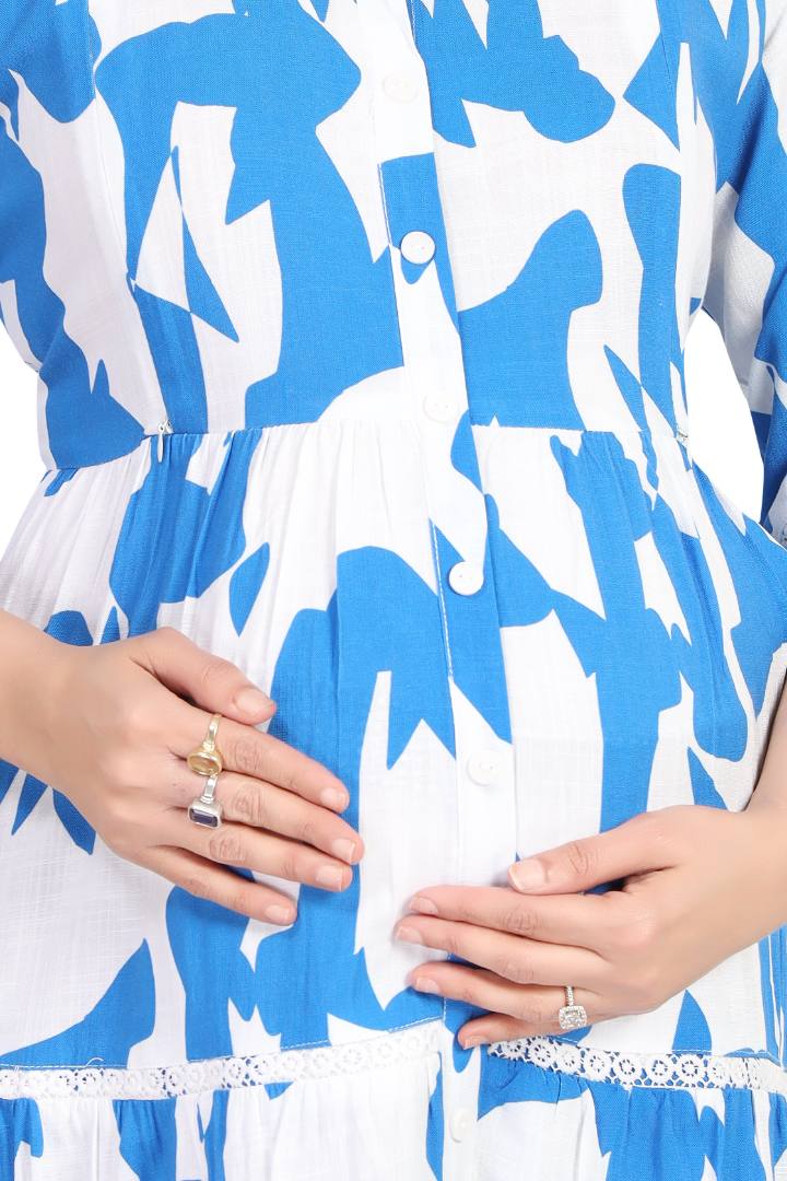 Sharp Blue Linen Maternity Dress