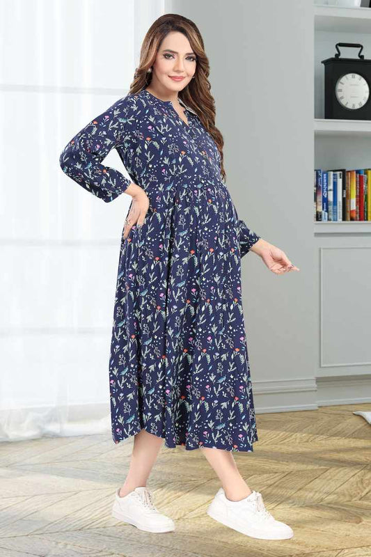 Navy Blue Maternity Feeding Dress