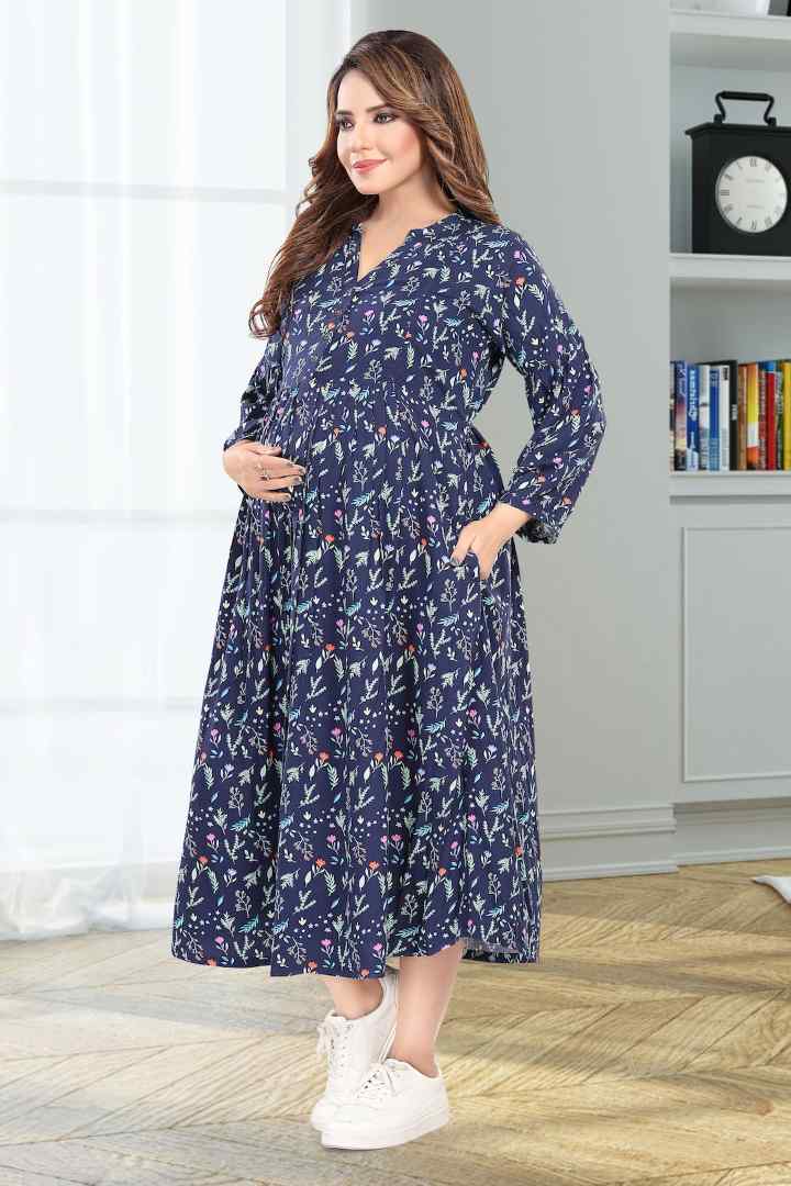 Navy Blue Maternity Feeding Dress