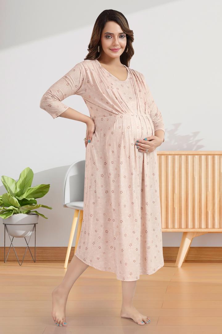 Biscuit Printed Maternity Feeding Dress