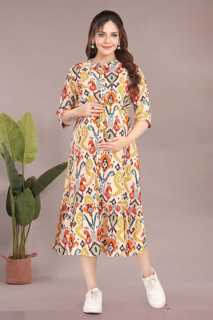 Tinted Yellow Printed Linen Maternity Dress