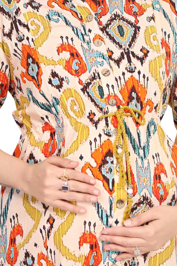 Tinted Yellow Printed Linen Maternity Dress