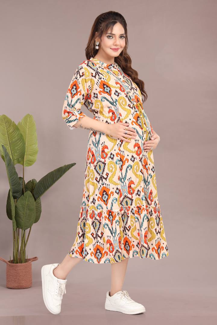 Tinted Yellow Printed Linen Maternity Dress
