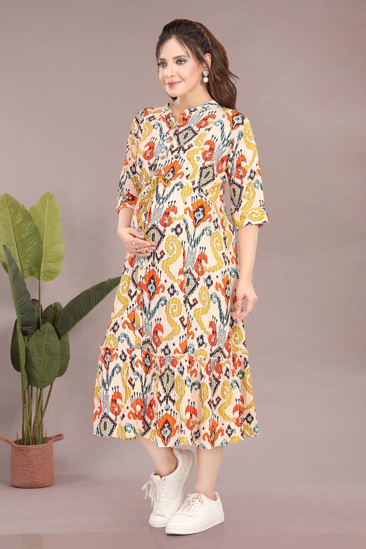 Tinted Yellow Printed Linen Maternity Dress