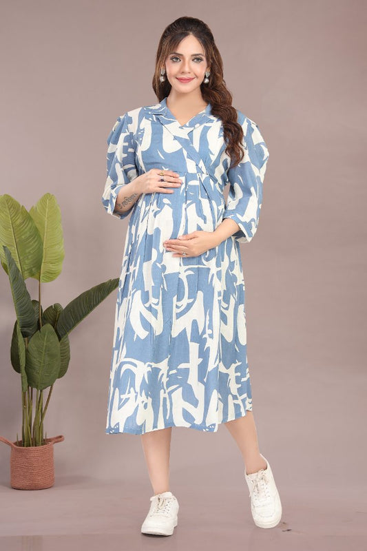 Slate Blue Linen Maternity Dress