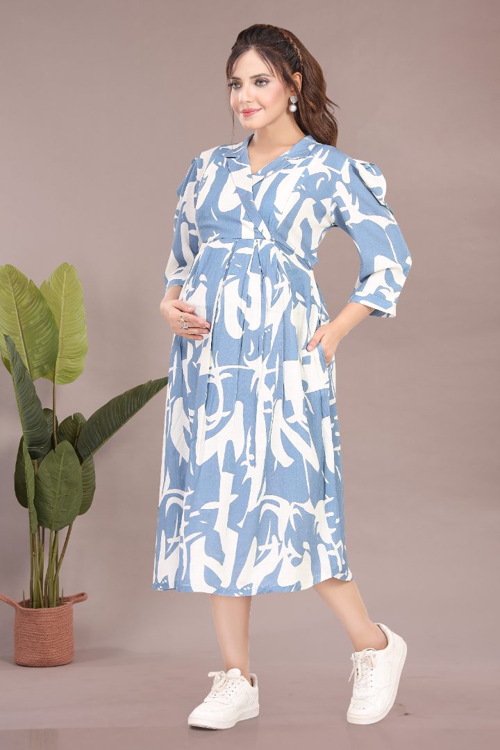 Slate Blue Linen Maternity Dress