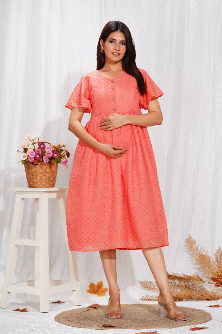 Sunset Orange Chikankari Feeding Dress