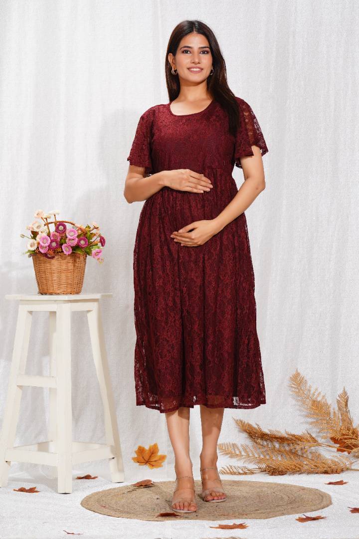 Deep Crimson Lace Maternity Dress