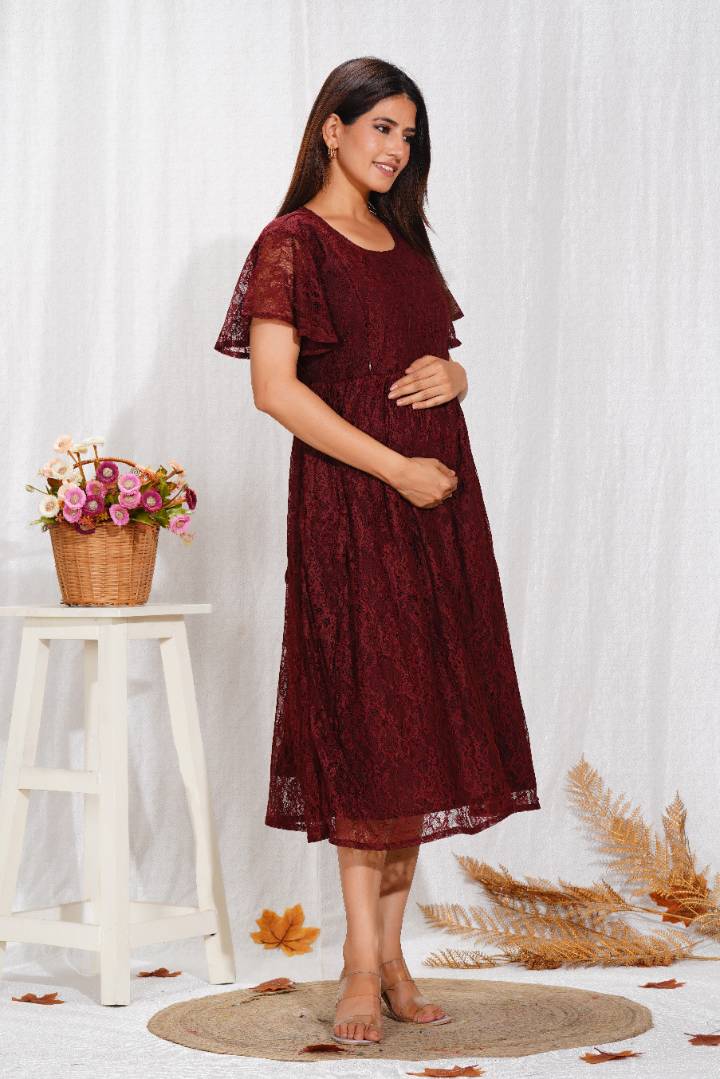 Deep Crimson Lace Maternity Dress