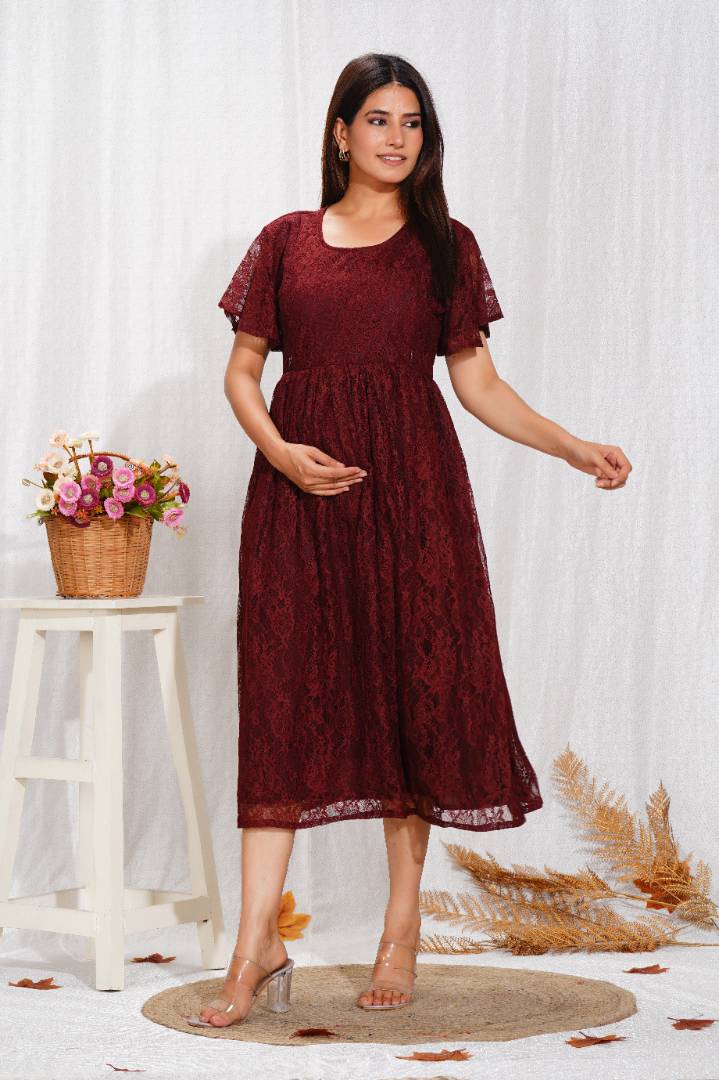 Deep Crimson Lace Maternity Dress