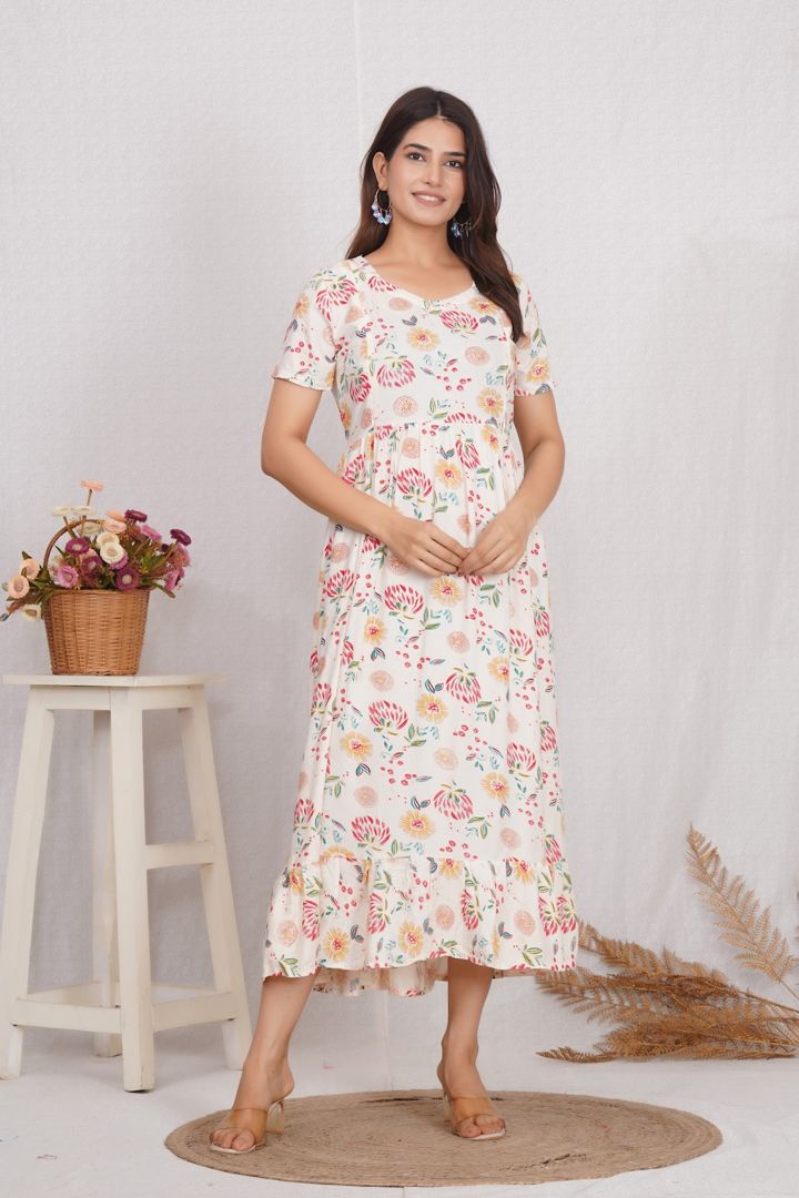 Creamish White Printed Maternity Dress