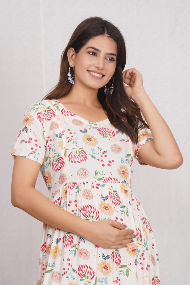 Creamish White Printed Maternity Dress