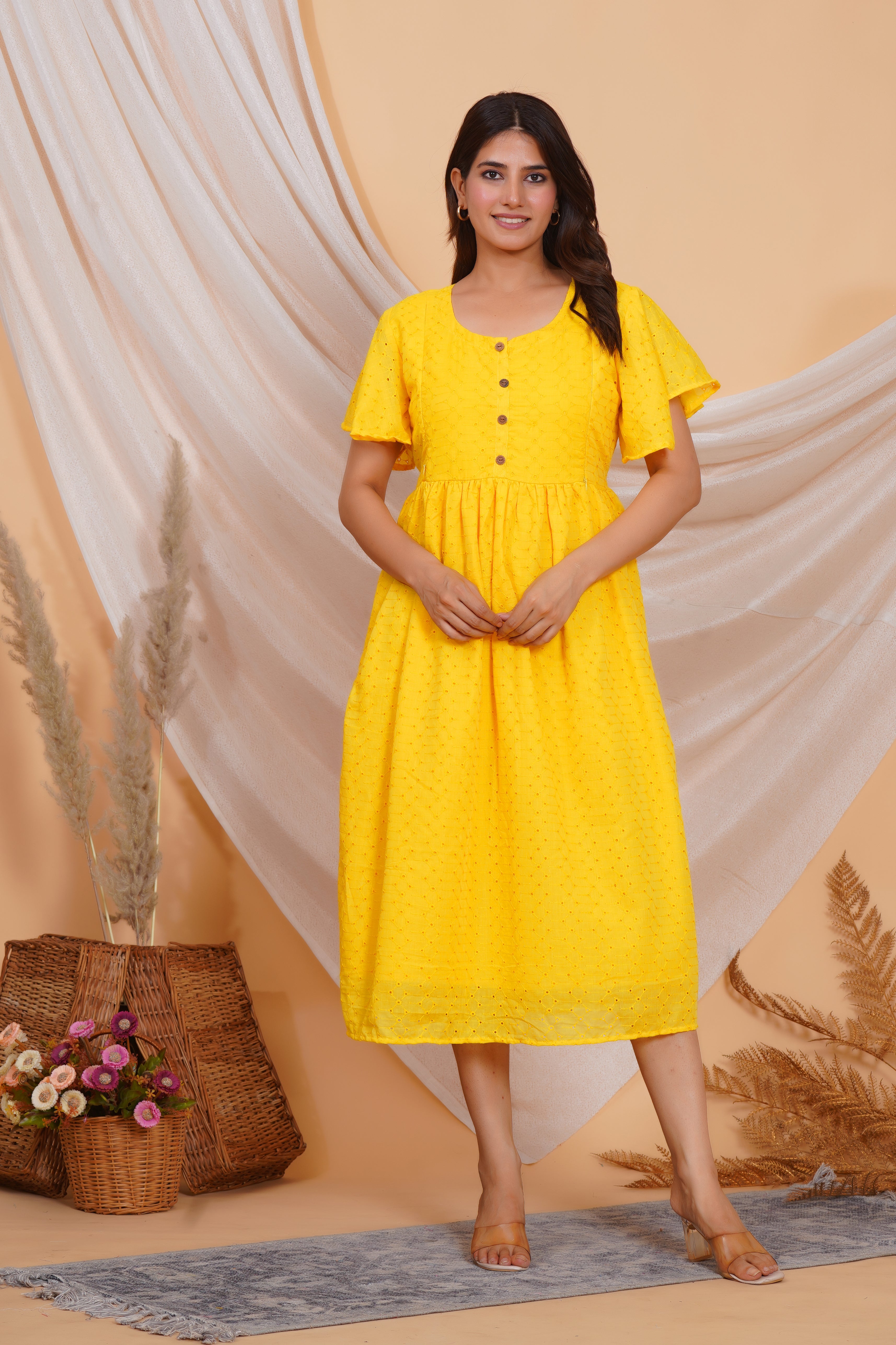 Pop Yellow Chikankari Feeding Dress