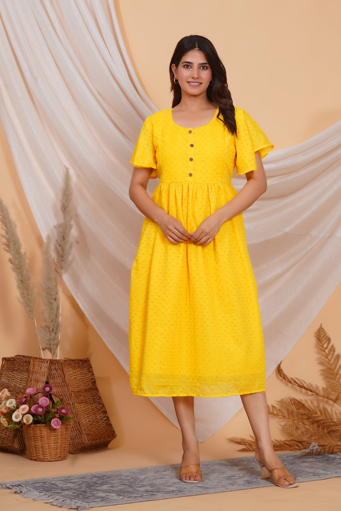 Pop Yellow Chikankari Feeding Dress