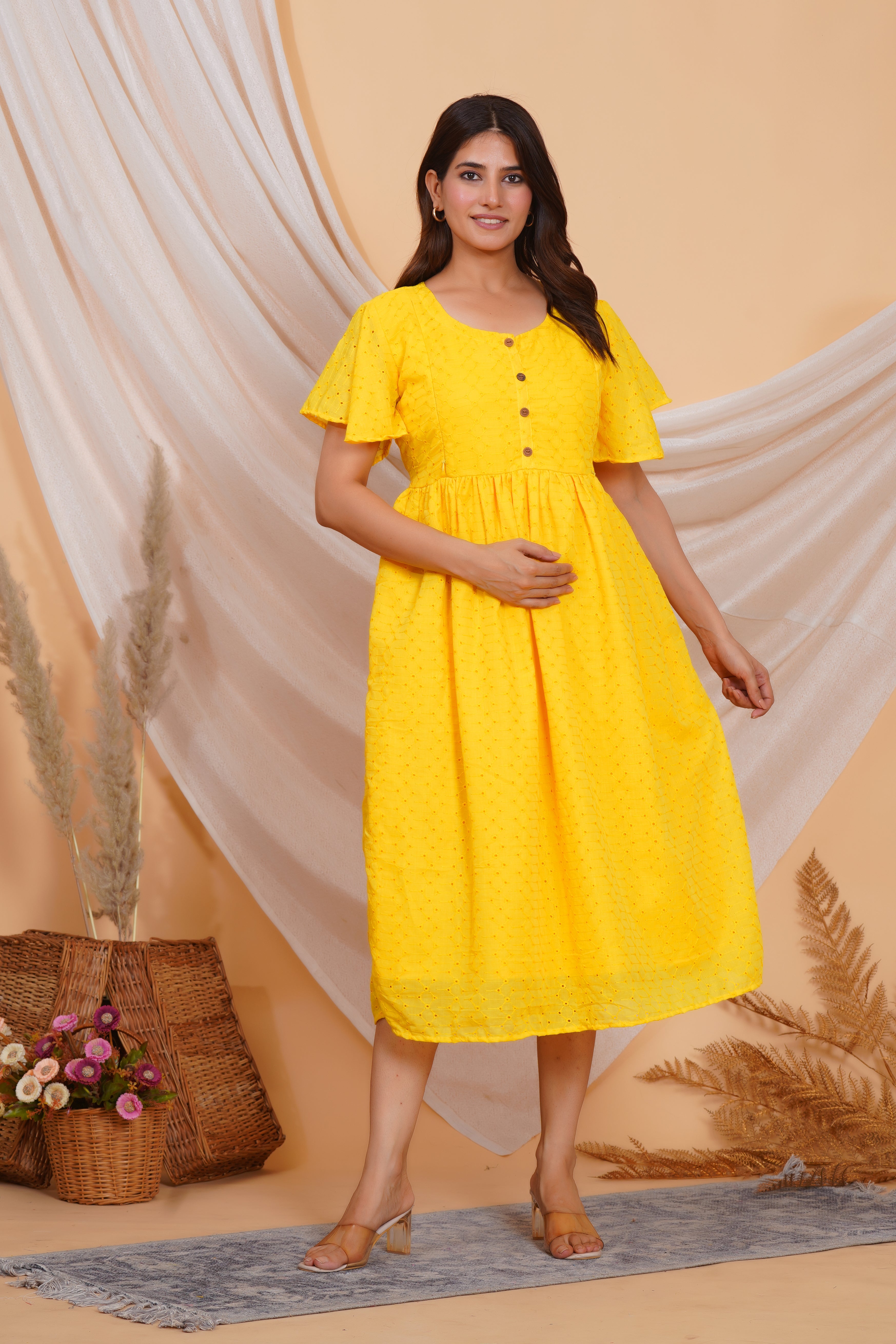 Pop Yellow Chikankari Feeding Dress