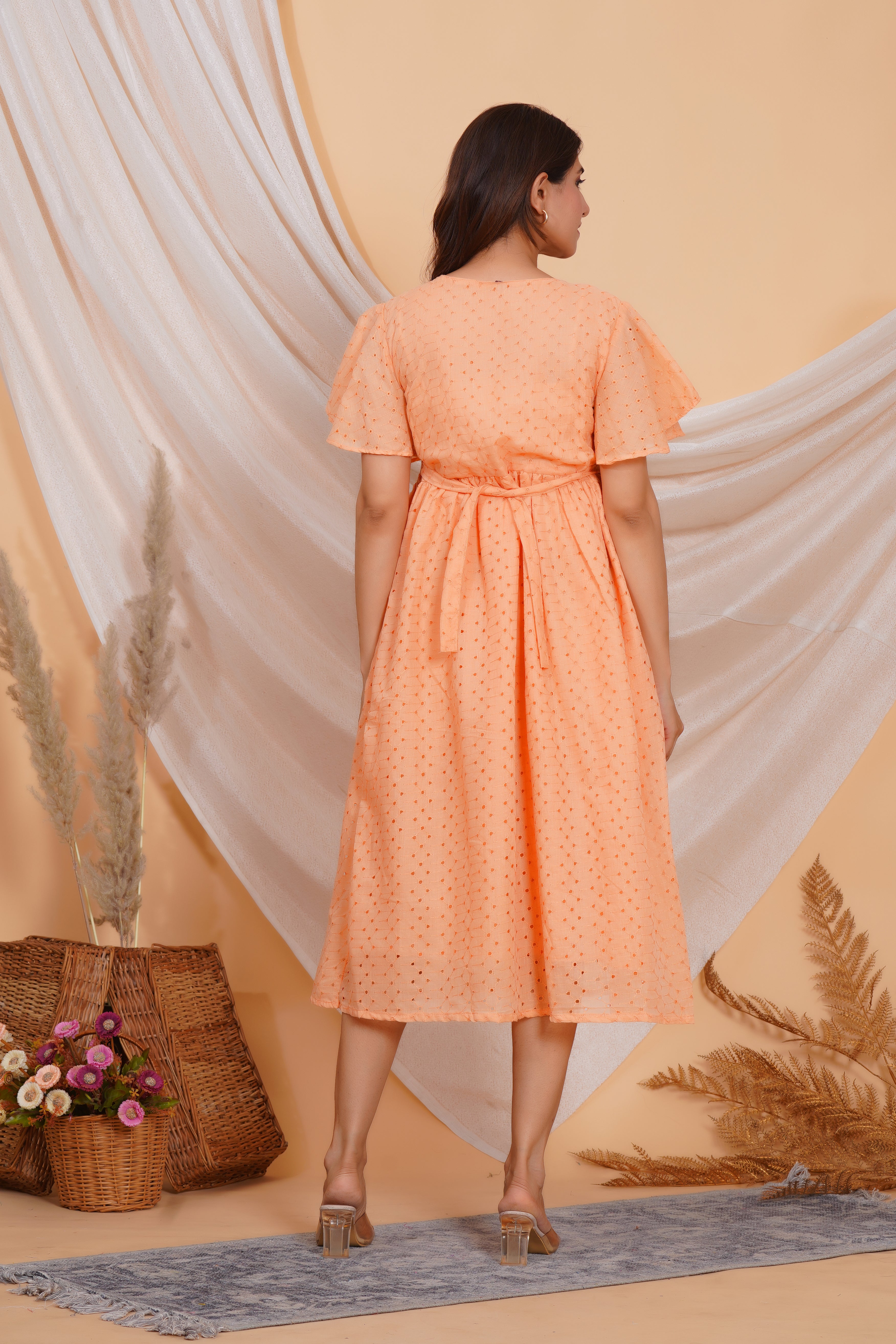 Orange Cream Chikankari Feeding Dress