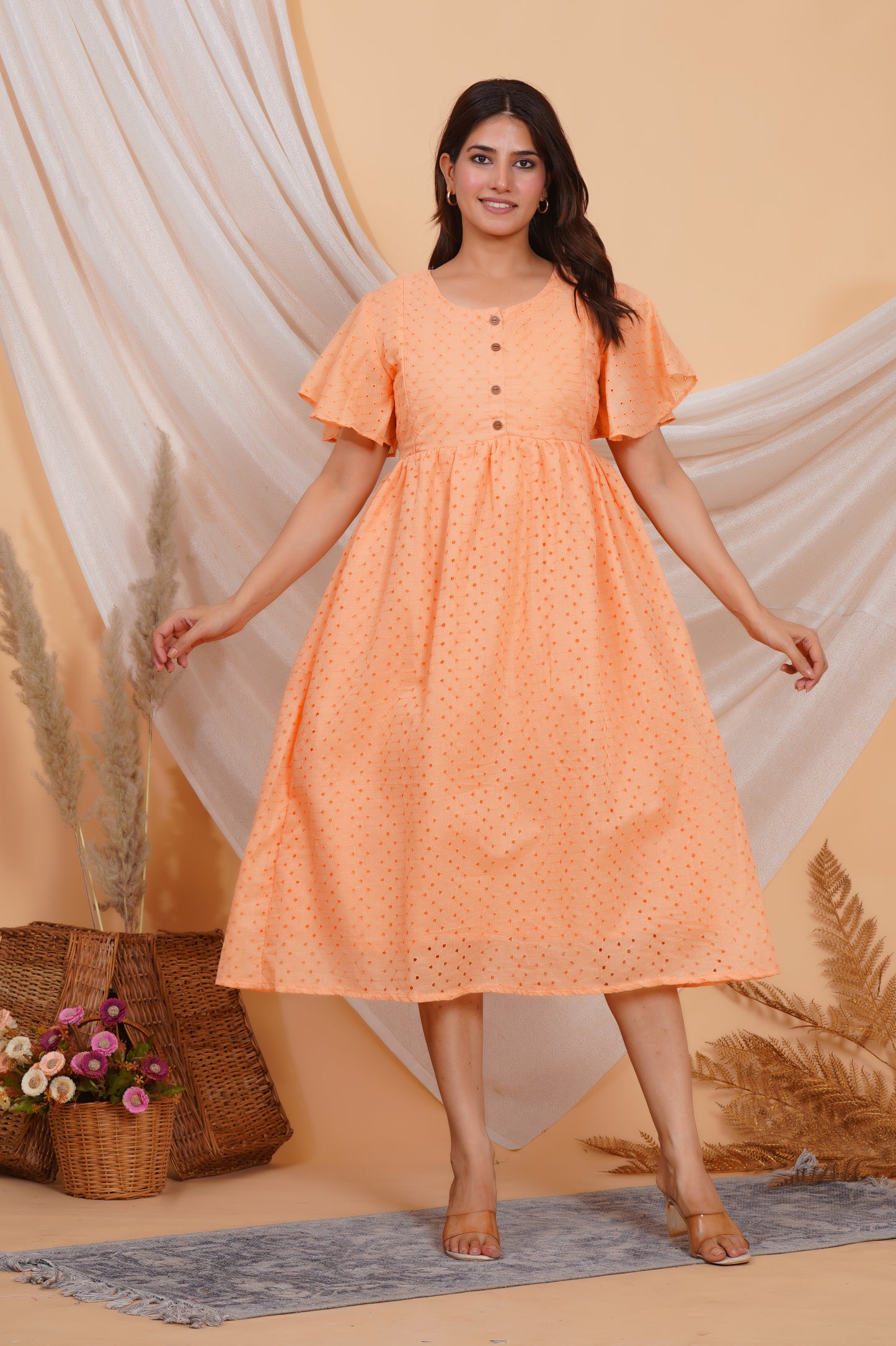 Orange Cream Chikankari Feeding Dress