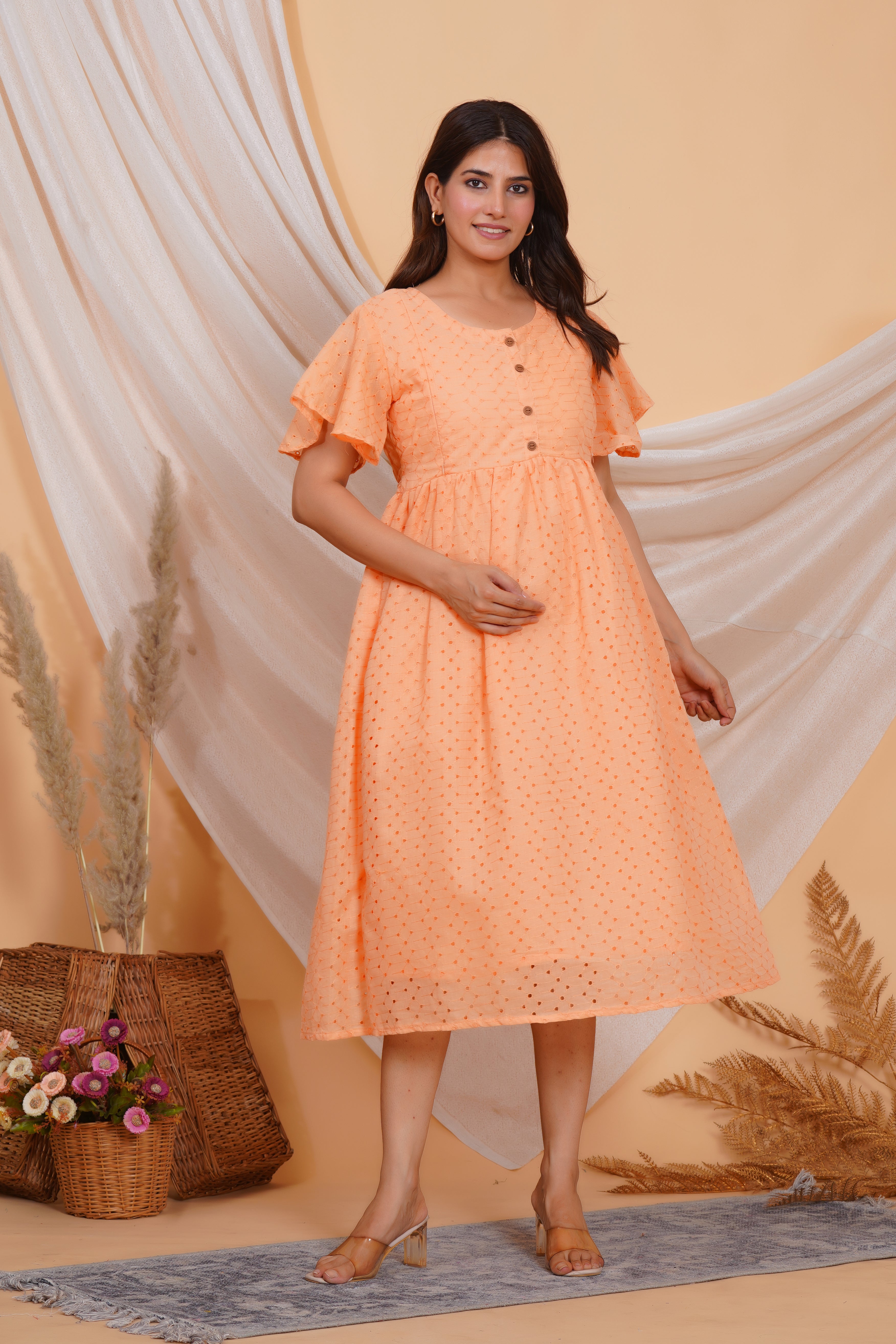 Orange Cream Chikankari Feeding Dress