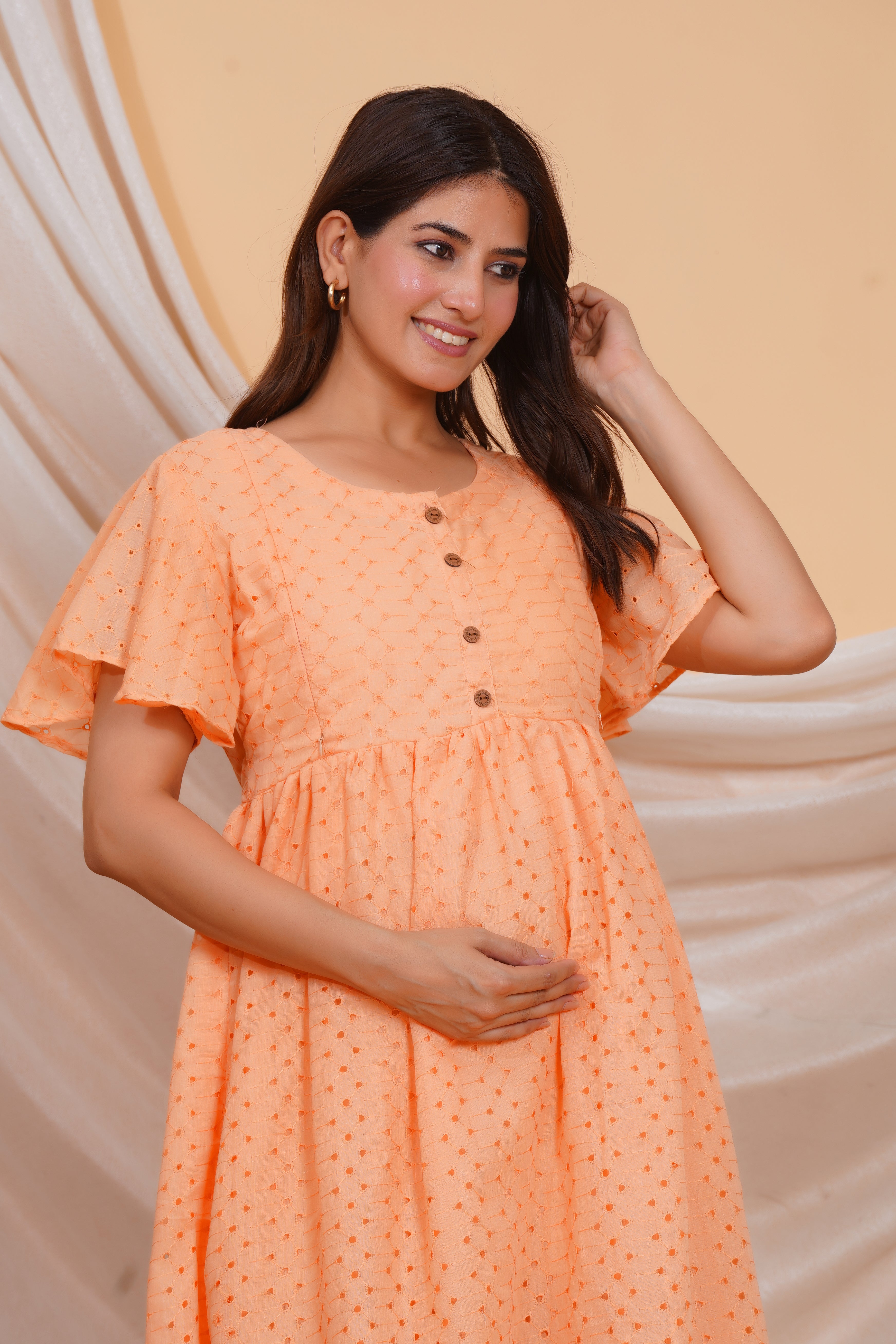 Orange Cream Chikankari Feeding Dress