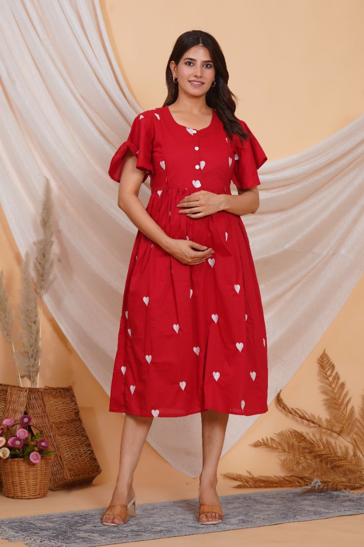 Cheerful Red Printed Feeding Dress