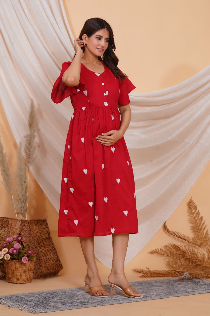 Cheerful Red Printed Feeding Dress