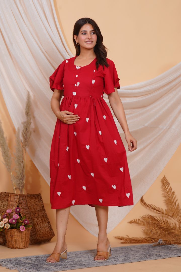 Cheerful Red Printed Maternity & Nursing Dress - Radiant Mom Style MomsBae Cheerful Red Printed Maternity & Nursing Dress - Radiant Mom Style MomsBae