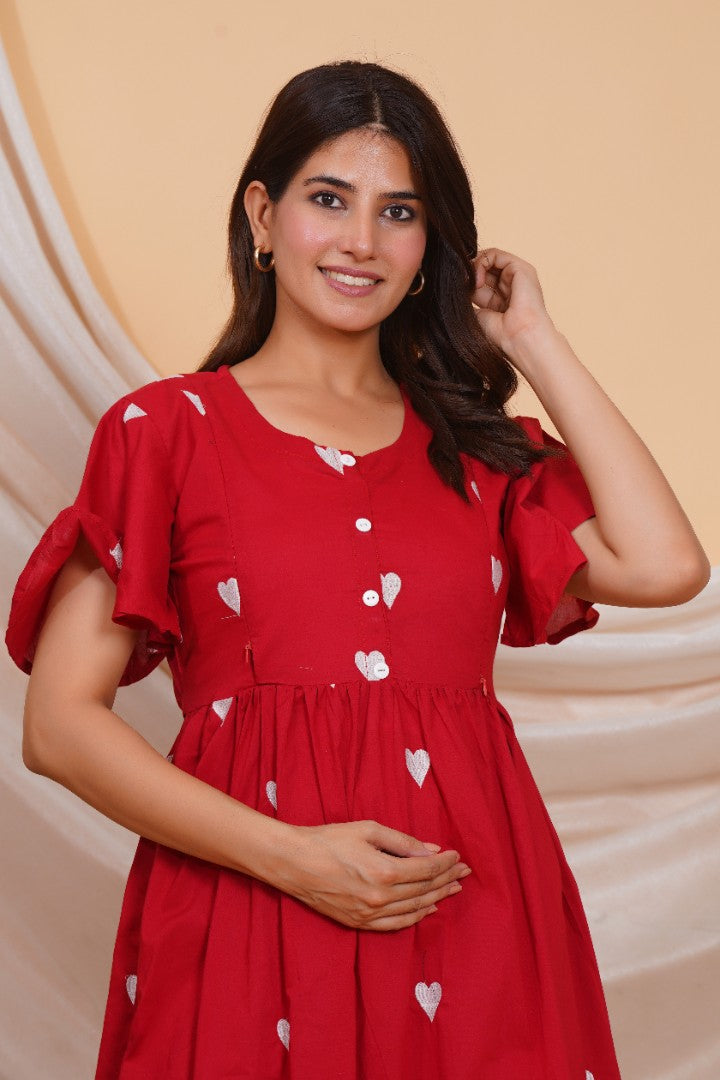 Cheerful Red Printed Feeding Dress