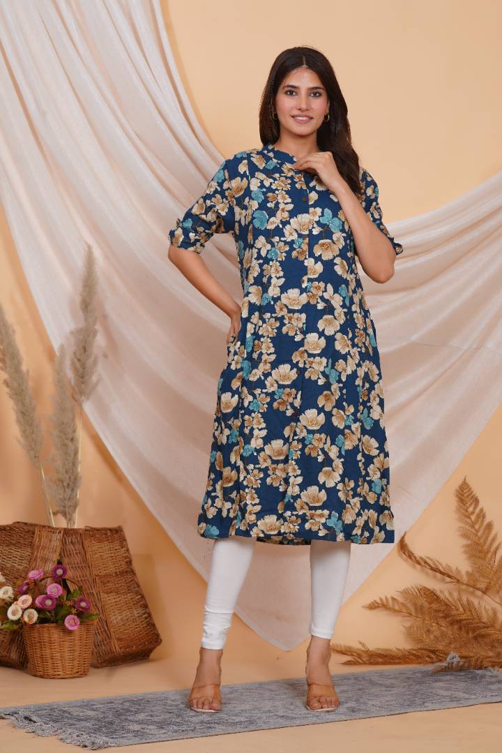 Prussian Blue Printed Feeding Kurta