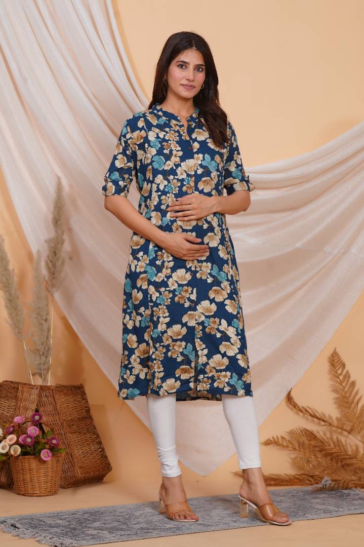 Prussian Blue Printed Feeding Kurta