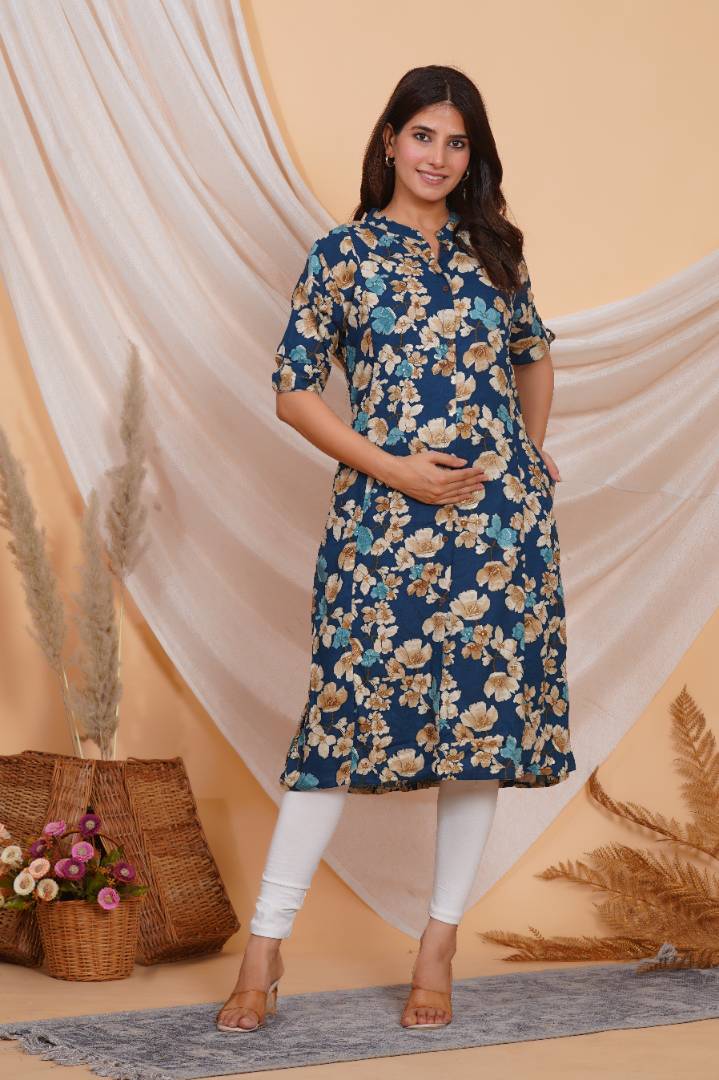 Prussian Blue Printed Feeding Kurta