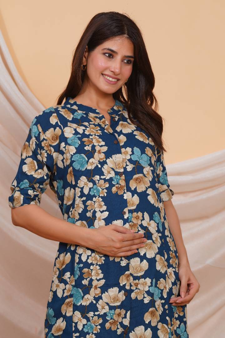 Prussian Blue Printed Feeding Kurta