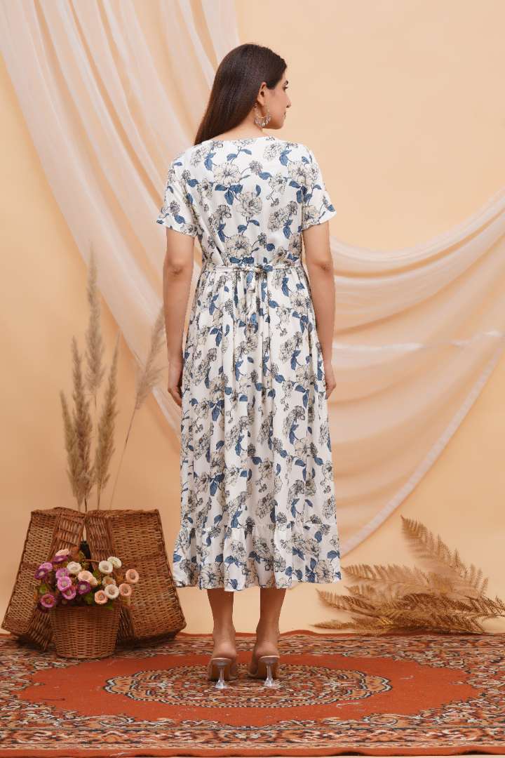 Blue Flower Foil Printed Feeding Dress