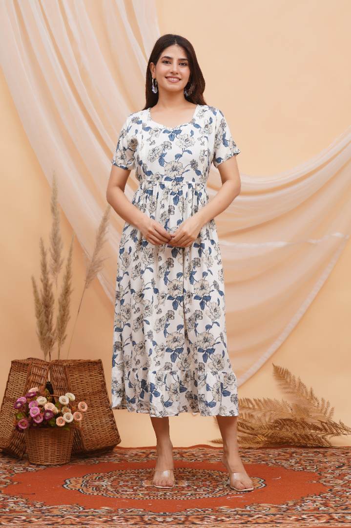 Blue Flower Foil Printed Feeding Dress