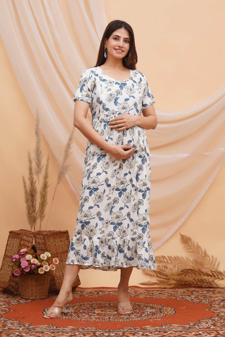 Blue Flower Foil Printed Feeding Dress