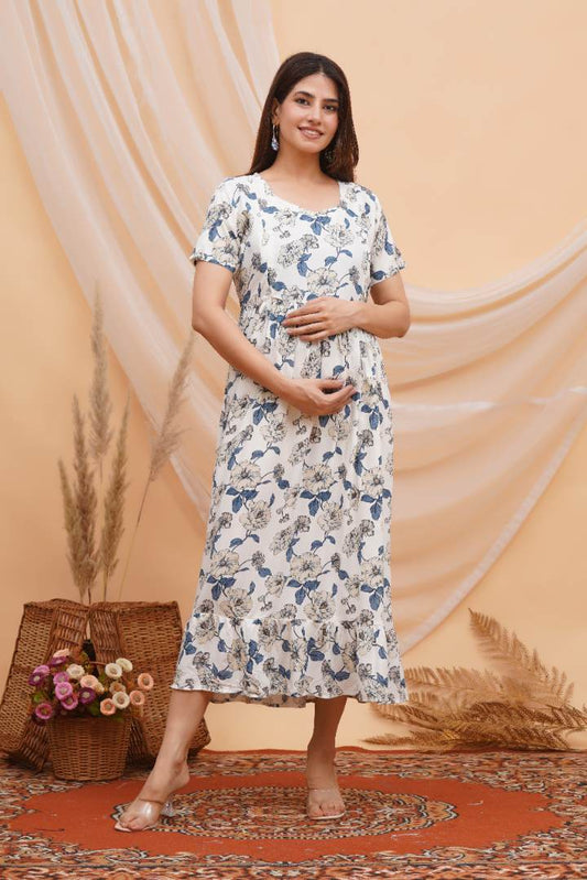 Blue Flower Foil Printed Feeding Dress