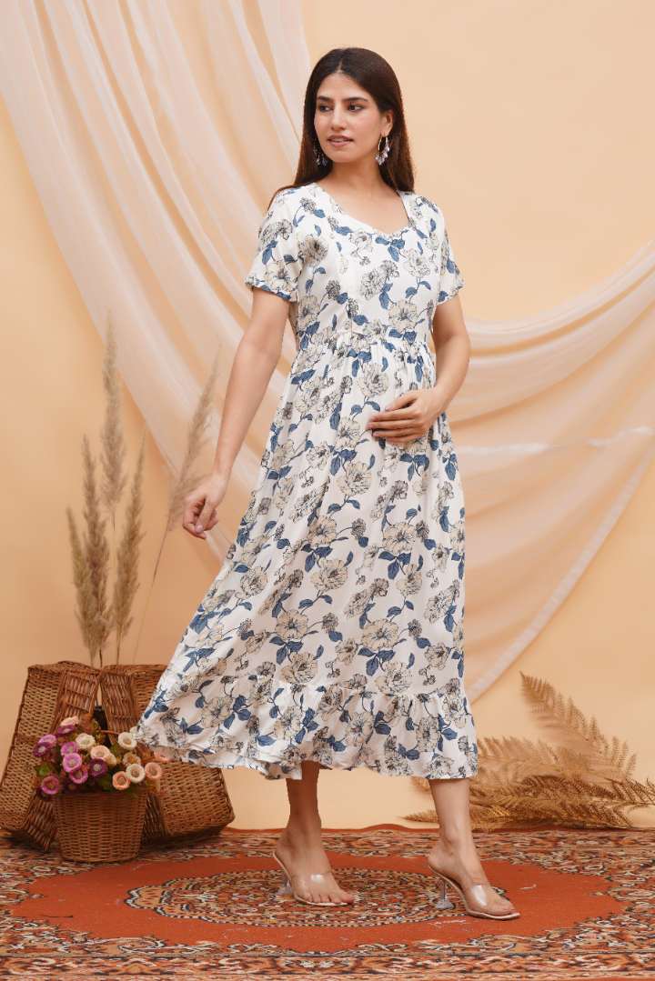 Blue Flower Foil Printed Feeding Dress