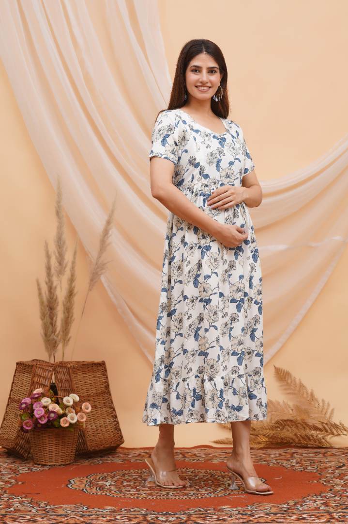 Blue Flower Foil Printed Feeding Dress