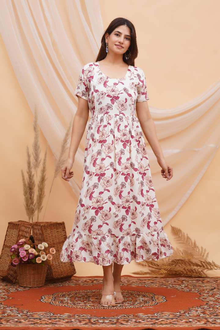Maroon Flower Foil Printed Feeding Dress