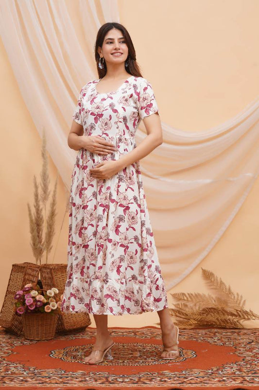 Maroon Flower Foil Printed Feeding Dress